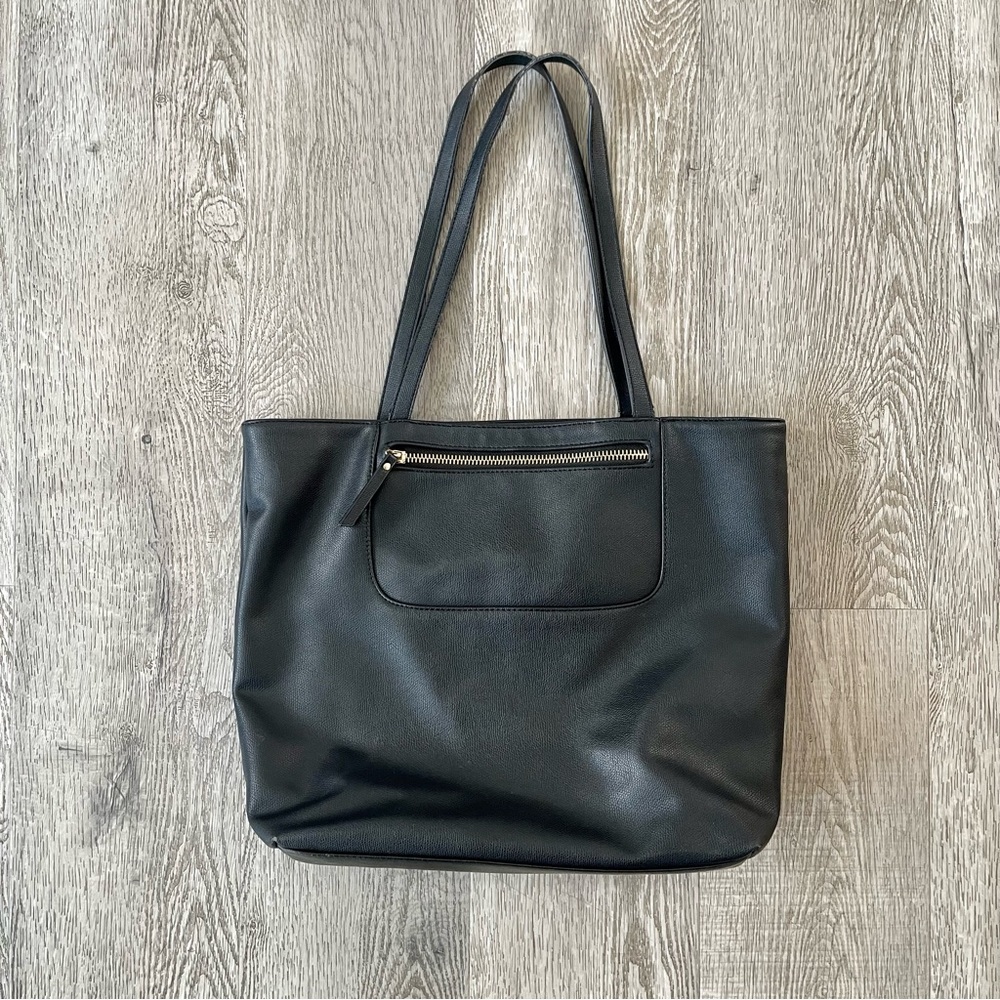 Miztique Black Faux Leather Tote Bag with Gold Zippers Work School Travel